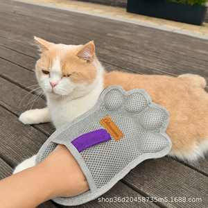 Gants de toilettage pour animaux de compagnie en forme de patte de chat, gris, en polyester, pour chats à poils longs - Product Image 1