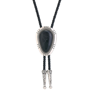 Men's Cowboy Costume Bolo Tie Vintage Black Turquoise Teardrop Alloy Pendant Adjustable Braided <b>Cord</b> <b>Necklace</b> - Product Image 1