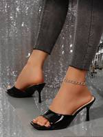 Sandales mules noires en PU verni pour femme, à bout ouvert, talon aiguille, à enfiler, légères, chaussures de soirée, vente en gros, logo personnalisé, OEM