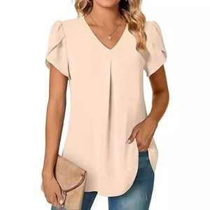 Summer Regular Simple V-neck Petal-Sleeve Gym <span class=keywords><strong>Golf</strong></span> Tops T-shirts Femmes Elegant Oversized Solid Casual Chiffon Blouses Shirts - Product Image 2