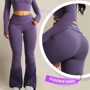 Custom Foldover Waist Yoga Pants Set Long Sleeve Cropped Top <strong>Flared</strong> <strong>Leggings</strong> Two Piece Gym Workout Wear for <strong>Women</strong> - Product Image 3
