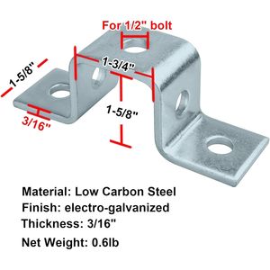 MISA MISA09 Single-Side U Shaped Bracket 1-<b>5</b>/8 in Strut Channel 3/16 Thick Zinc Plated Steel Support Connector for Metal <b>Framing</b> - Product Image 2