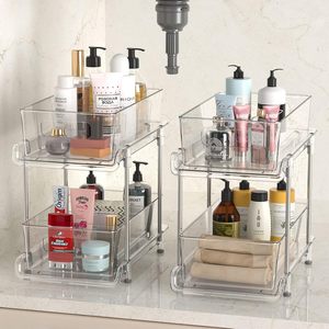 Organisateur de comptoir coulissant à <span class=keywords><strong>2</strong></span> niveaux en plastique transparent CF pour sous-évier, cuisine, garde-manger, armoire à pharmacie, rangement de salle de bain avec séparateurs - Product Image 1