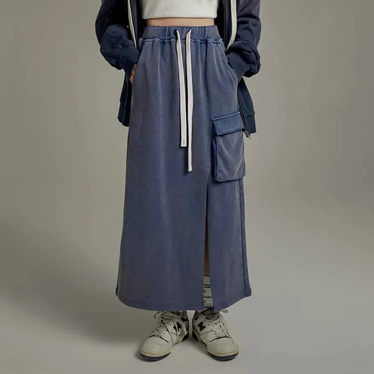 Latest Side Pocket A-Line Sport Maxi Skirt High Waist Drawstring Denim Women Long Front Slit Side Contrast Color A Line Skirts
