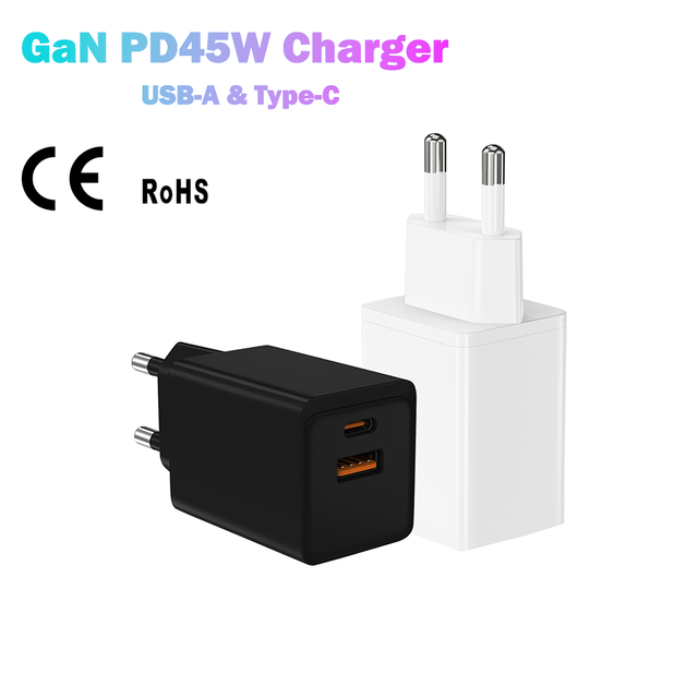 45W PD3.1/PD3.0 GaN Charger with USB-A + Type-C Dual Ports OTP Protection Fireproof EU Plug for Mobile Phone & Earphone