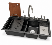 Évier de cuisine multifonctionnel en acier inoxydable noir avec planche à découper, égouttoir, porte-couteaux, lave-tasses OEM ODM B2B