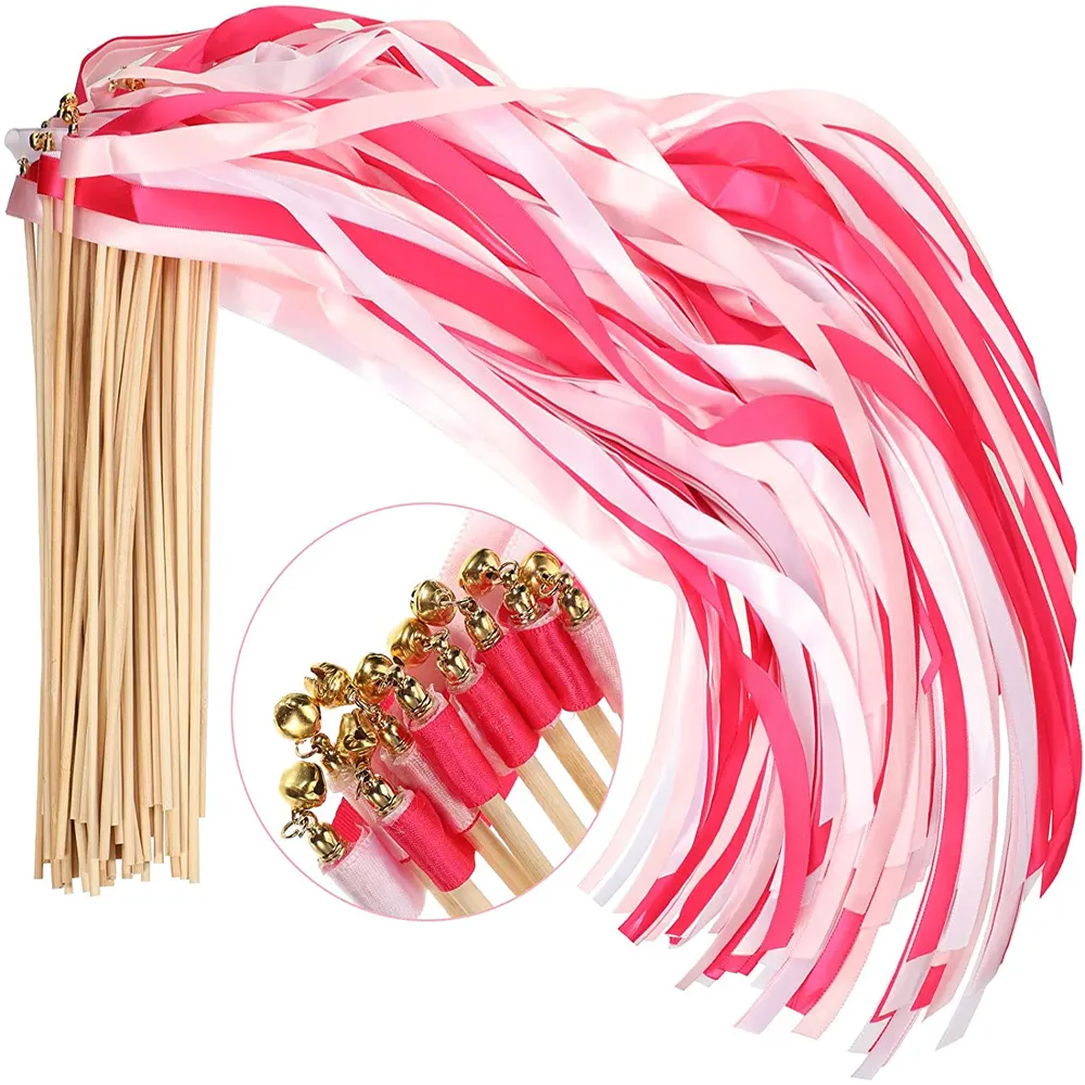 Mix Color Triple Ribbon Magic Wands Sticks With Bells Fairy Party Streamers For Wedding Bridal Shower Decoration