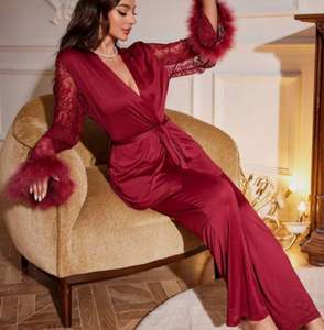 Sfy-y1490 Luxury <b>Wedding</b> <b>Dressing</b> <b>Gown</b> 2pcs Women Casual Lace Sleeve Feather Robe Pants Set Erotic Bridal Elastic Waist Front - Product Image 4