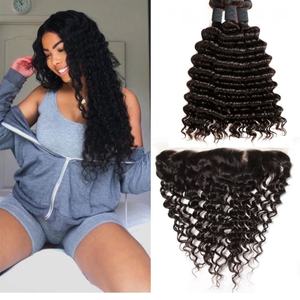 Extensions de cheveux humains Remy Apple Girl, Deep Wave indiennes, 3 paquets avec frontal en dentelle 13*4, couleur naturelle pour femmes noires - Product Image 2