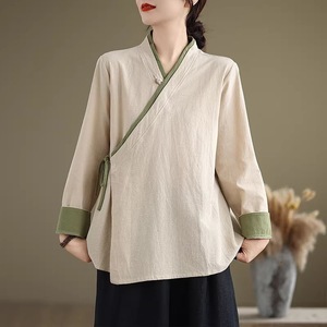 Chinese Style Diagonal Placket Cotton Linen Shirt Women Loose Zen Tea Dress Natural Hemp Green Coffee Color Daily Wear - Product Image 4