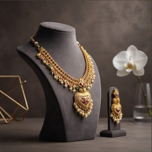 Conjunto Clásico de Collar y Aretes de Oro de 24K con Circonita y Perla de Agua Dulce, Diseño de Corazón, para Mujer, Joyería de Boda - Product Image 3