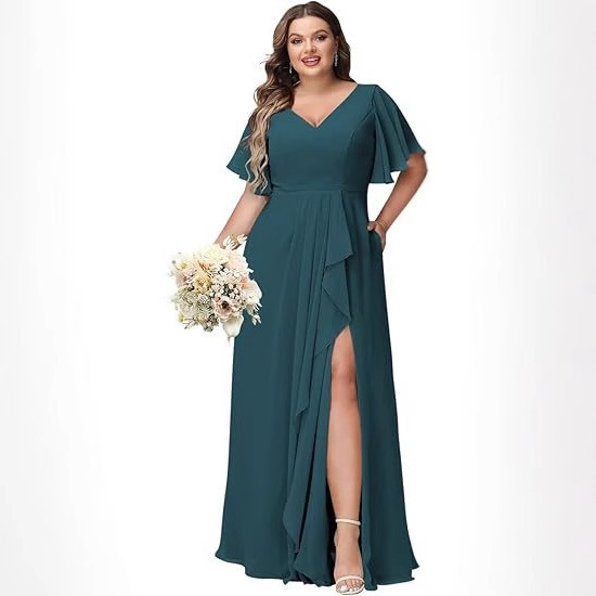 Large Size Evening Dress Chubby Girl Slimming V-neck Chiffon Empire Waist Floor-Length A-Line Split Bridesmaid Dress Wedding