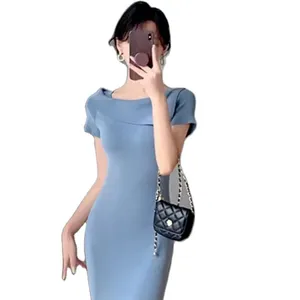 Texture advanced sense of blue temperament goddess fan high-end delicate wrap knitted ice silk women's dress