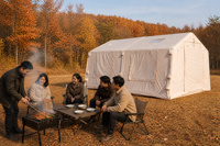 Tente de camping gonflable d'hiver 360 x 480 cm, imperméable, en polycoton, avec cheminée, colonnes d'air de 16 cm, sol en PVC 500 g/m²