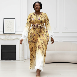 Abito Elegante in Stile Europeo per Donne, Lunghezza a Terra con Motivo Floreale, Moda Casual Autunno Primavera, <span class=keywords><strong>Vestito</strong></span> Plissettato - Product Image 2
