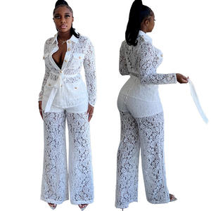 Completo Due Pezzi Trasparente con Lacci Neri, Pantaloni a Gamba Larga in Pizzo Sexy, <span class=keywords><strong>Abbigliamento</strong></span> Femminile Autunnale - Product Image 4