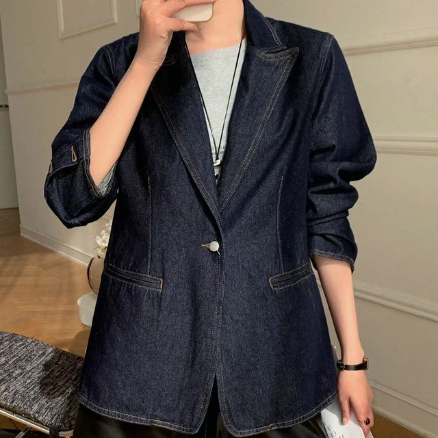 New Design High Quality Women Denim Jacket Blazer Tailored Fit Lapel Collar Casual Long Sleeve Jean Jacket