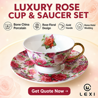 Juego de tazas de porcelana y platillo de porcelana de hueso de lujo, juego de tazas de té de cerámica con mango dorado para casa, hotel y boda
