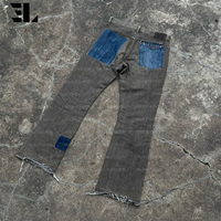 Pantalon en jean évasé style japonais LARSUR avec appliques, bords bruts, broderie à la main Sashiko, coupe slim bootcut