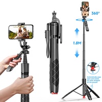 Perche à selfie télescopique tout-en-un L16 TT 1,8 m en alliage d'aluminium avec tête rotative et trépied auto-élevant 70 pouces pour téléphone portable