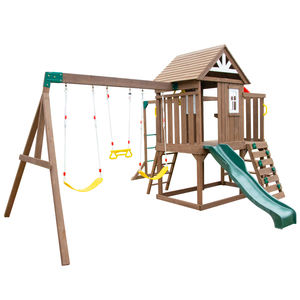 Ensemble de balançoires d'extérieur en bois avec maisonnette, toboggan et mur d'escalade, aire de jeux durable pour enfants dans la cour - Product Image 1