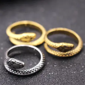 New Arrival Casting Open Unisex Gold Plated Black Punk Gothic Casting Snake Adjustable Stainless Steel Ring