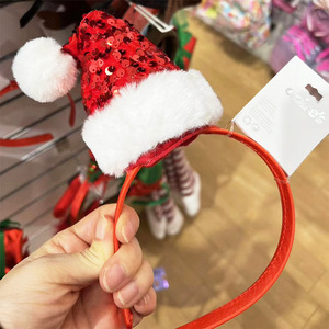 Christmas Santa Hat Headband Velvet <b>Red</b> <b>Sequin</b> Plush Pom Pom Adjustable Unisex Winter Party Costume Accessory - Product Image 1