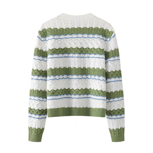 Cárdigan de punto calado a rayas para mujer, manga larga, cuello redondo, ajuste holgado, abotonado, anti-bolitas, suéter de primavera - Product Image 2