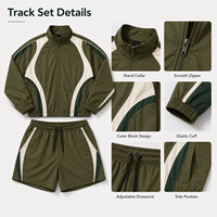 Ensemble de survêtement décontracté léger pour homme, style automne, délavé à l'acide, avec veste à col montant et fermeture éclair intégrale, short à cordon de serrage, empiècements contrastants, respirant