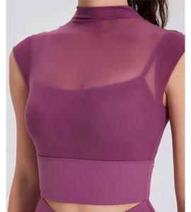 Wholesale Women's Mesh <b>Mock</b> <b>Neck</b> 2 in 1 Yoga <b>Top</b> Built-in Bra Crop <b>Top</b> High Stretch Gym Workout Tee Breathable Pilates Shirt - Product Image 3