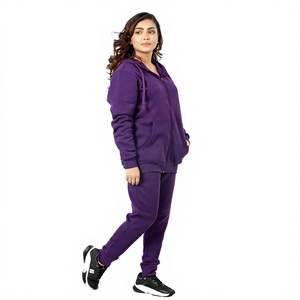 <b>Women's</b> Eco-Friendly 100% Cotton <b>Purple</b> Fleece Hooded <b>Tracksuit</b> 2-Piece Set Full-Length Casual Sportswear Regular Fit Solid - Product Image 2