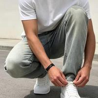 Jean baggy décontracté coupe droite, délavé moyen, taille mi-haute, pour usage quotidien, personnalisable avec LOGO