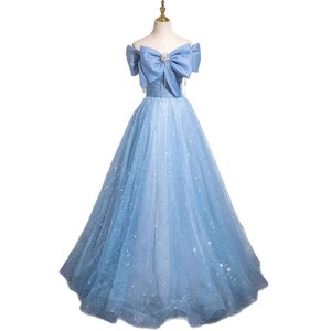 Blue Off-Shoulder Ball Gown Empire Waist Sparkle Tulle Graduation Evening Dress For Women Host Vocal Exam Dress - Product Image 5