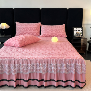 Ensemble de jupe de lit en flanelle jacquard chaude avec dentelle florale, volant anti-poussière, housse de matelas douce et pelucheuse antidérapante, literie chaude d'hiver, taille personnalisée - Product Image 2