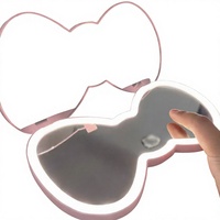 Miroir de maquillage portable personnalisé à double face en forme de nœud, LED tricolore, cadeau de la Saint-Valentin pour petite amie
