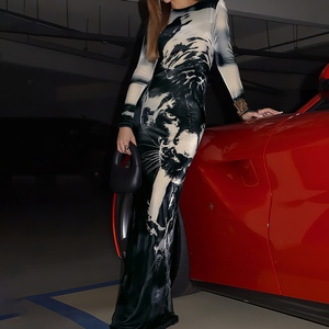 Nouvelles robes imprimées élégantes pour femmes, taille haute, ajustées, col rond, manches longues, tendance - Product Image 3