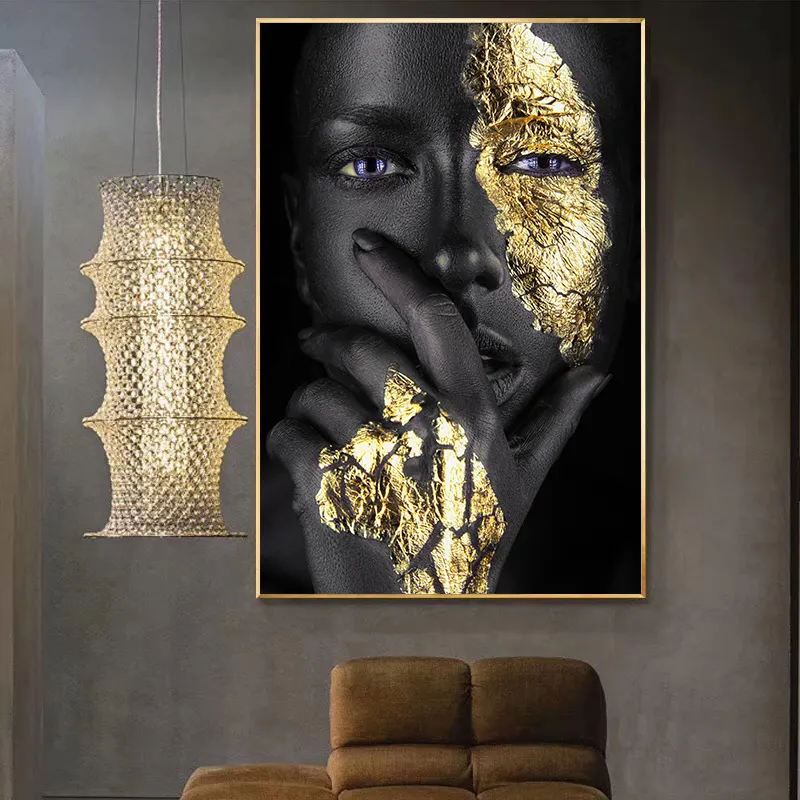 Pintura en lienzo de gran tamaño para mujer, decoración artística africana en negro y dorado, oferta