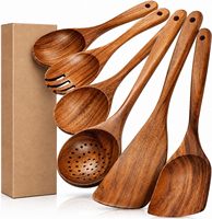 Ensemble de 6 ustensiles de cuisine en bois de teck, spatule, cuillère, louche en bois massif naturel, outils résistants à la chaleur pour poêle antiadhésive