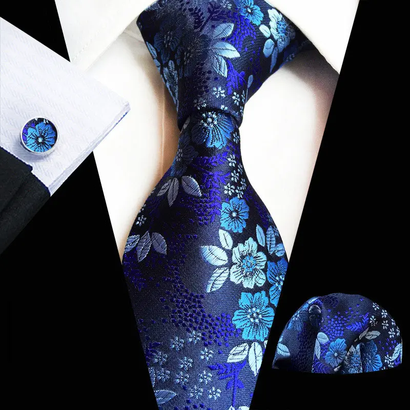 Free Shipping Classic Silk Men Tie Floral Red Blue Neckties Party Wedding Pocket Square Cufflinks Luxury Tie Set for Men