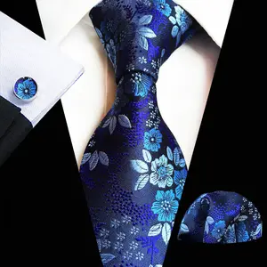 Miễn Phí Vận Chuyển Cổ Điển Lụa Men Tie Floral Red Blue Vát Đảng Wedding Pocket Khuy Măng Sét Vuông Sang Trọng Tie Set Cho Nam Giới