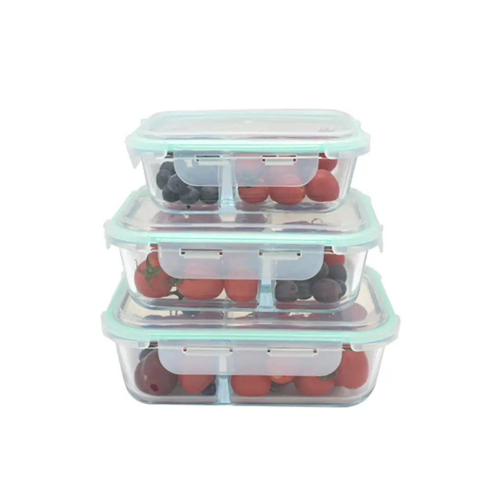 Eco friendly BPA Free rectangular divided 2 compartment baby food glass storage lock container set lunch bento box with lid