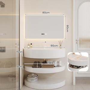 Meuble de salle de bain mural intelligent avec miroir LED et lavabo circulaire style crème pour hôtel - Product Image 2