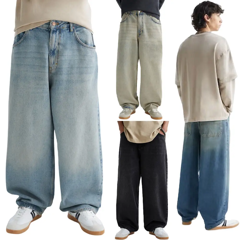 Gingtto Jeans largos soltos para mulheres, roupa de rua personalizada vintage lavada com pernas retas