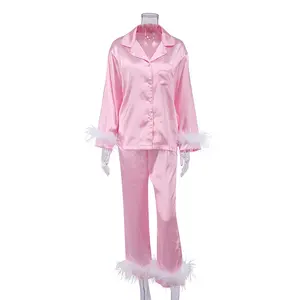 Super Soft Skin-friendly Long Sleeve Viscose Sleepwear Willow Leaf Print Lounge Wear Two Piece Pijama Set Pijama Mujer