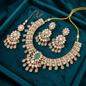 Indian Traditional Antique Gold Plated Kundan Choker Necklace <b>Set</b> Multicolor Gemstone Bead Navratna Style Bridal Jewelry <b>Set</b> - Product Image 3