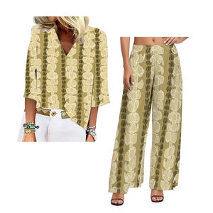 Factory <span class=keywords><strong>Outlet</strong></span> Polynesian Samoan Tribal Style Elei Printing Camiseta de manga de 7 puntos con cuello en V para <span class=keywords><strong>mujer</strong></span> y pantalones de pierna ancha de gran tamaño - Product Image 2