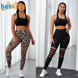 Ehanking Leopard/negro sólido mujer cintura alta ahueca hacia fuera Skinny Fit Stretch Leggings mujer Casual Leggings Slim pantalones largos - Product Image 3