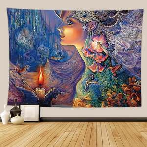 <span class=keywords><strong>Tapisserie</strong></span> murale en tricot abstrait de type goblin, psychédélique, trippy, forêt féerique de minuit, art de la lune, décoration murale pour la maison - Product Image 1