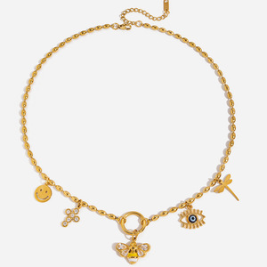 Gold Charm Necklace With Bee Dragonfly Smile Eye Pendant Fashion Jewelry For Women - Product Image 1