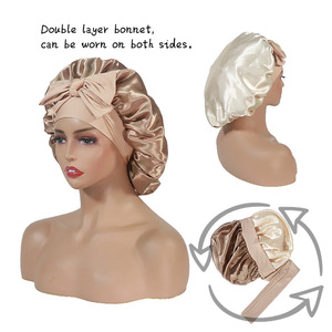 Bonnet <span class=keywords><strong>de</strong></span> nuit en satin double couche avec bord large bonnet <span class=keywords><strong>de</strong></span> douche en imitation soie extensible pour la beauté et les soins personnels - Product Image 5